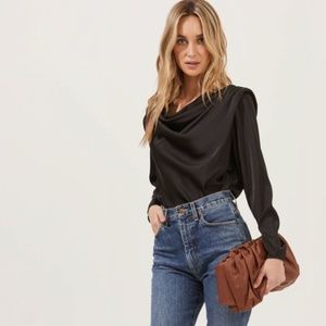 ASTR Black Blakely Draped Satin Long Sleeve Bodysuit